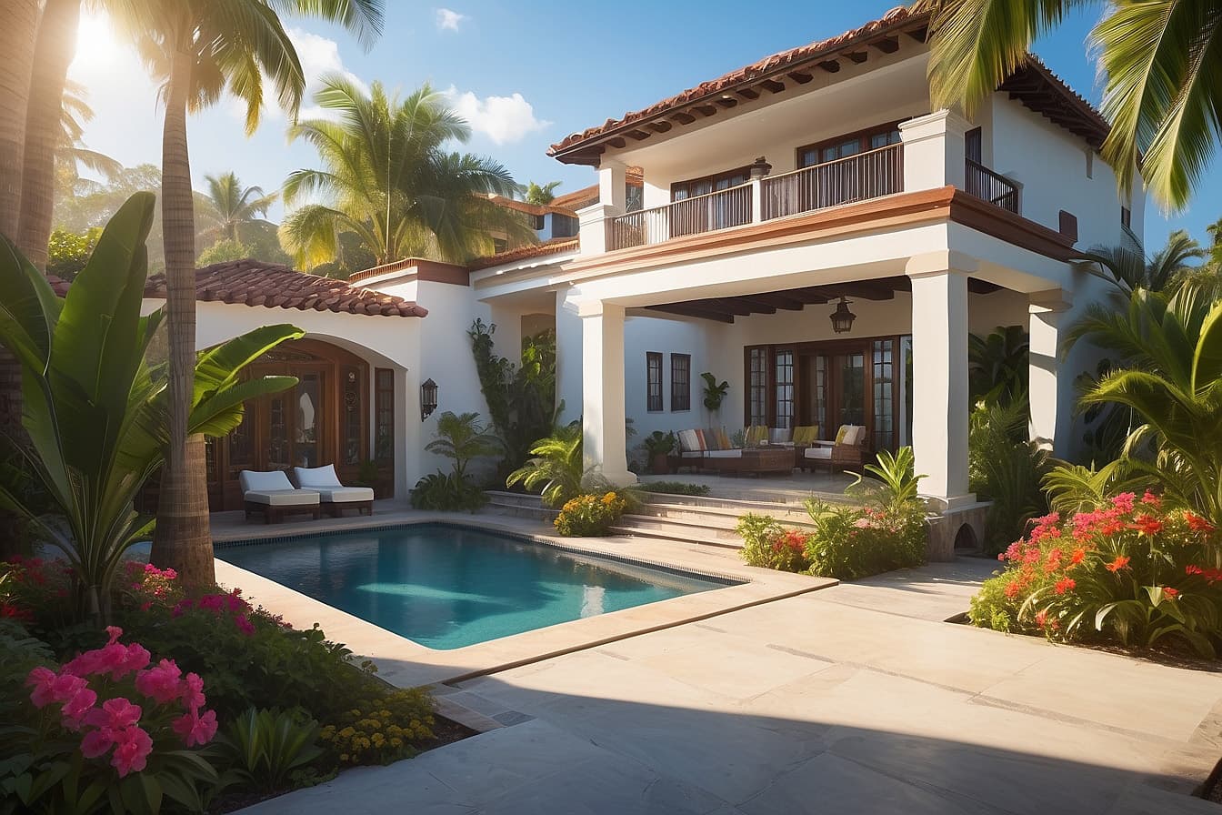 Modelo 3d de casa de lujo con piscina y jardín